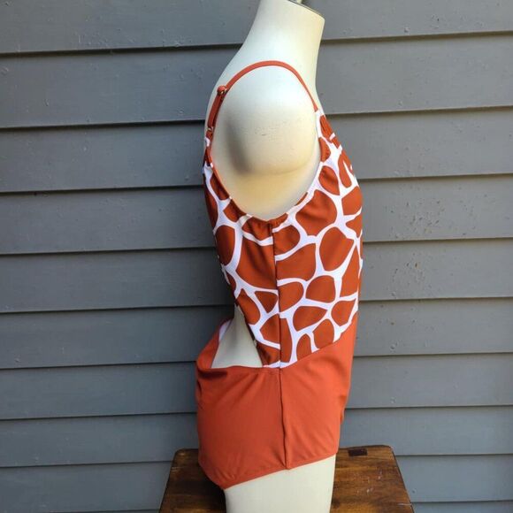 Coral Reef One Piece Swim Suit Open Back Giraffe Rust Print size Large 12/14 - Picture 7 of 10